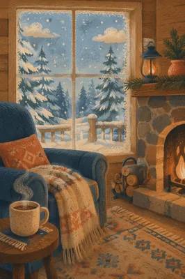 Cozy Cabin Window View in Snowfall