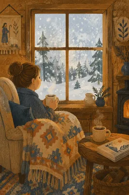 Cozy Cabin Window View on Snowy Morning