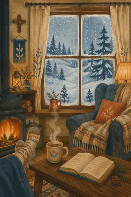 Cozy Cabin Window View in Snow