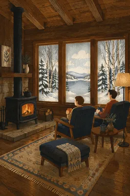 Cozy Cabin Window View in Winter