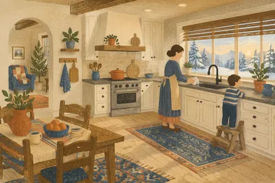 Cozy Cabin Kitchen With Snowy Window View