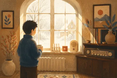Cozy Cabin Window With Snowy Morning View