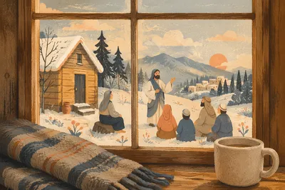 Cozy Cabin Window Snowy Winter View