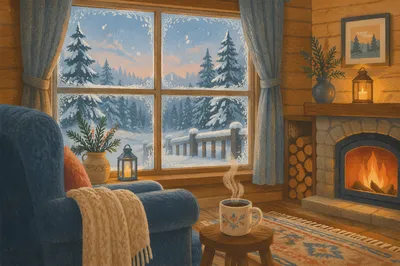Cozy Cabin Window View in Snowfall