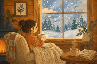 Cozy Cabin Window View on Snowy Morning