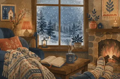 Cozy Cabin Window View in Snow