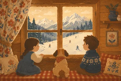 Cozy Cabin Window Over Snowy Pines