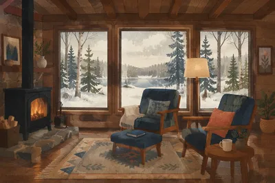 Cozy Cabin Window View in Winter