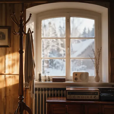 Cozy Cabin Window with Snowy Morning View