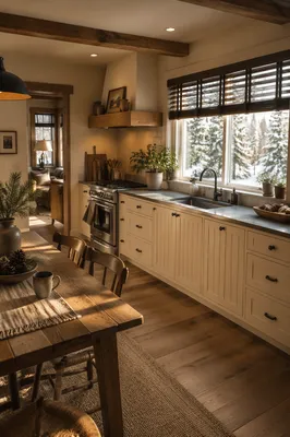 Cozy Winter Cabin Kitchen Window View