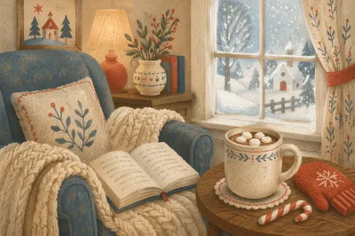 Cozy Winter Reading Nook with Hot Cocoa