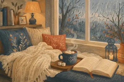 Cozy Reading Nook with Hot Cocoa