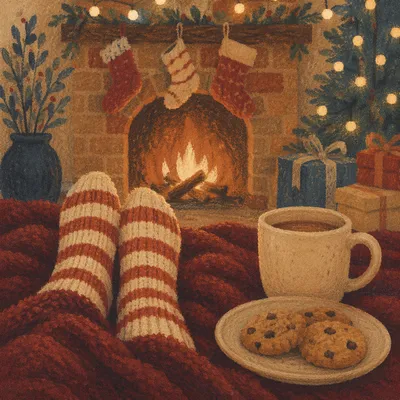 Cozy Striped Socks by Christmas Fireplace