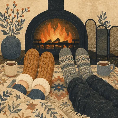 Cozy Socked Feet by Winter Fireplace