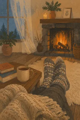 Cozy Socks by Fireplace Winter Evening