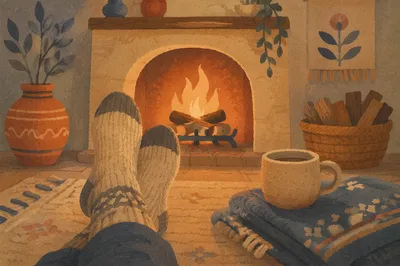 Cozy Knit Socks by Fireplace Evening