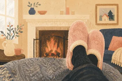 Cozy Socks and Slippers by Fireplace