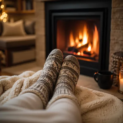 Cozy Wool Socks by Warm Fireplace