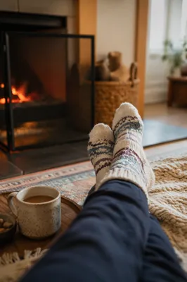 Cozy Winter Socks by Warm Fireplace