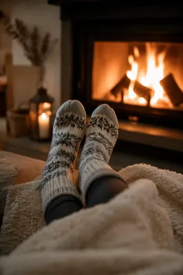 Cozy Wool Socks by Warm Fireplace
