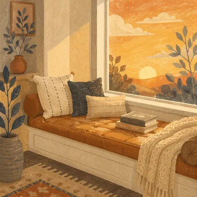 Cozy Window Seat with Books at Sunset