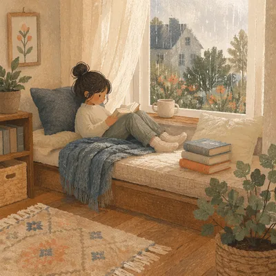 Cozy Window Seat with Books and Cushions