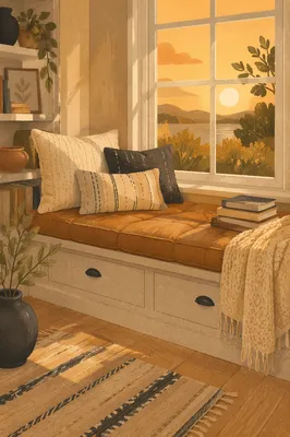 Cozy Sunset Window Seat with Books