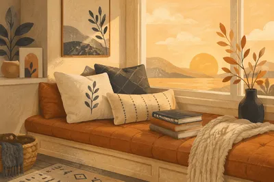 Cozy Window Seat with Books at Sunset