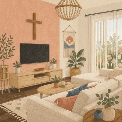 Wooden Cross in Bohemian Living Room