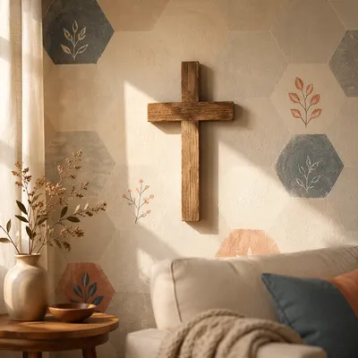 Wooden Cross on Peaceful Living Room Wall