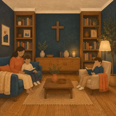 Wooden Cross on Cozy Teal Living Room Wall
