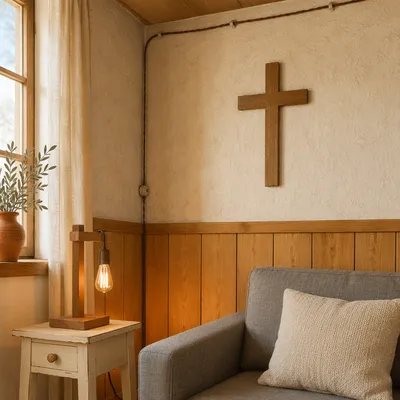 Wooden Cross in Cozy Living Room