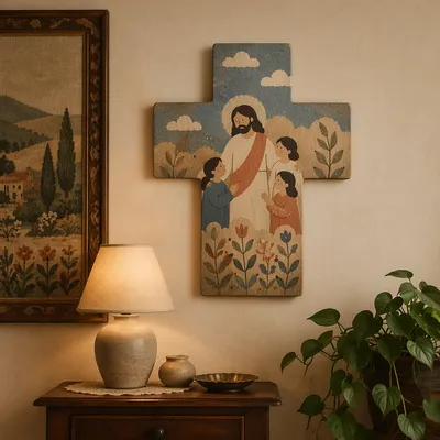 Wooden Cross on Warm Living Room Wall