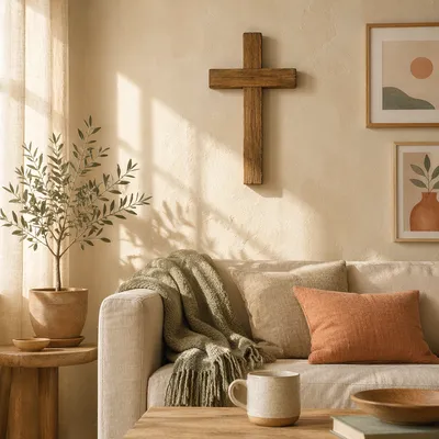 Wooden Cross on Warm Living Room Wall
