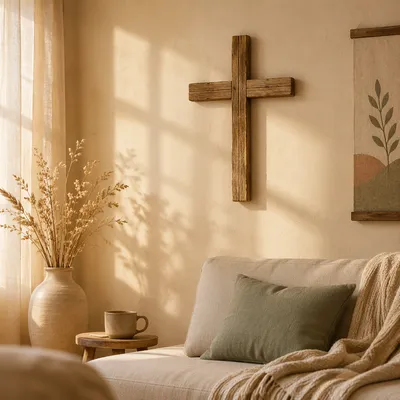 Wooden Cross on Warm Living Room Wall