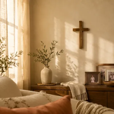 Wooden Cross on Warm Living Room Wall