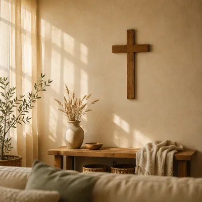 Wooden Cross on Cozy Living Room Wall