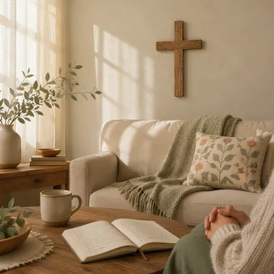 Wooden Cross Above Cozy Living Room Sofa