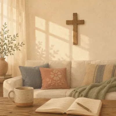 Wooden Cross Above Cozy Linen Sofa