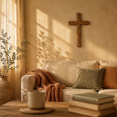 Wooden Cross Above Cozy Living Room Sofa