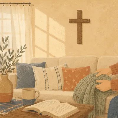 Wooden Cross on Warm Living Room Wall