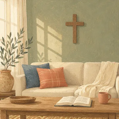 Wooden Cross Above Peaceful Sage Living Room