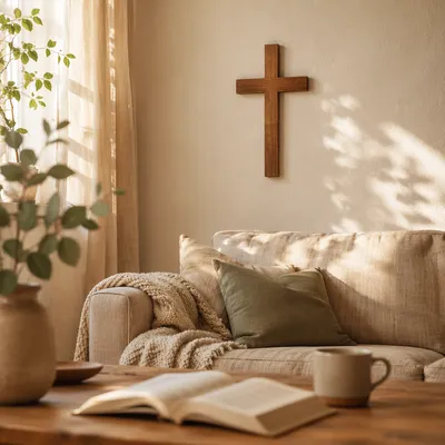 Wooden Cross in Peaceful Living Room