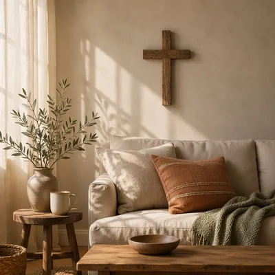 Wooden Cross on Cozy Living Room Wall