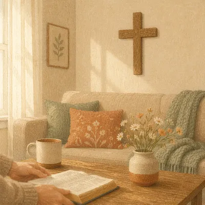 Wooden Cross Above Cozy Linen Sofa
