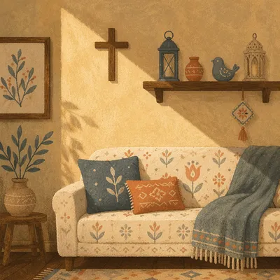 Wooden Cross Above Cozy Living Room Sofa
