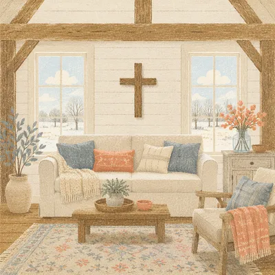 Wooden Cross in Cozy Rustic Living Room
