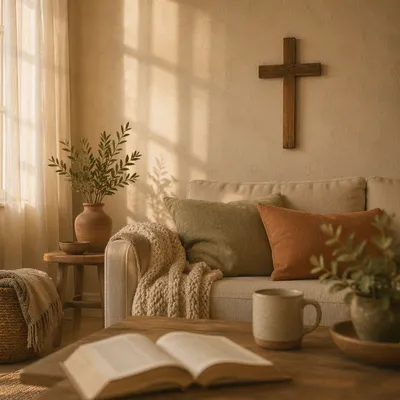 Wooden Cross Above Peaceful Living Room Sofa