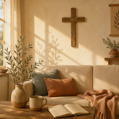 Wooden Cross Above Peaceful Living Room Sofa
