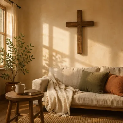 Wooden Cross on Warm Living Room Wall